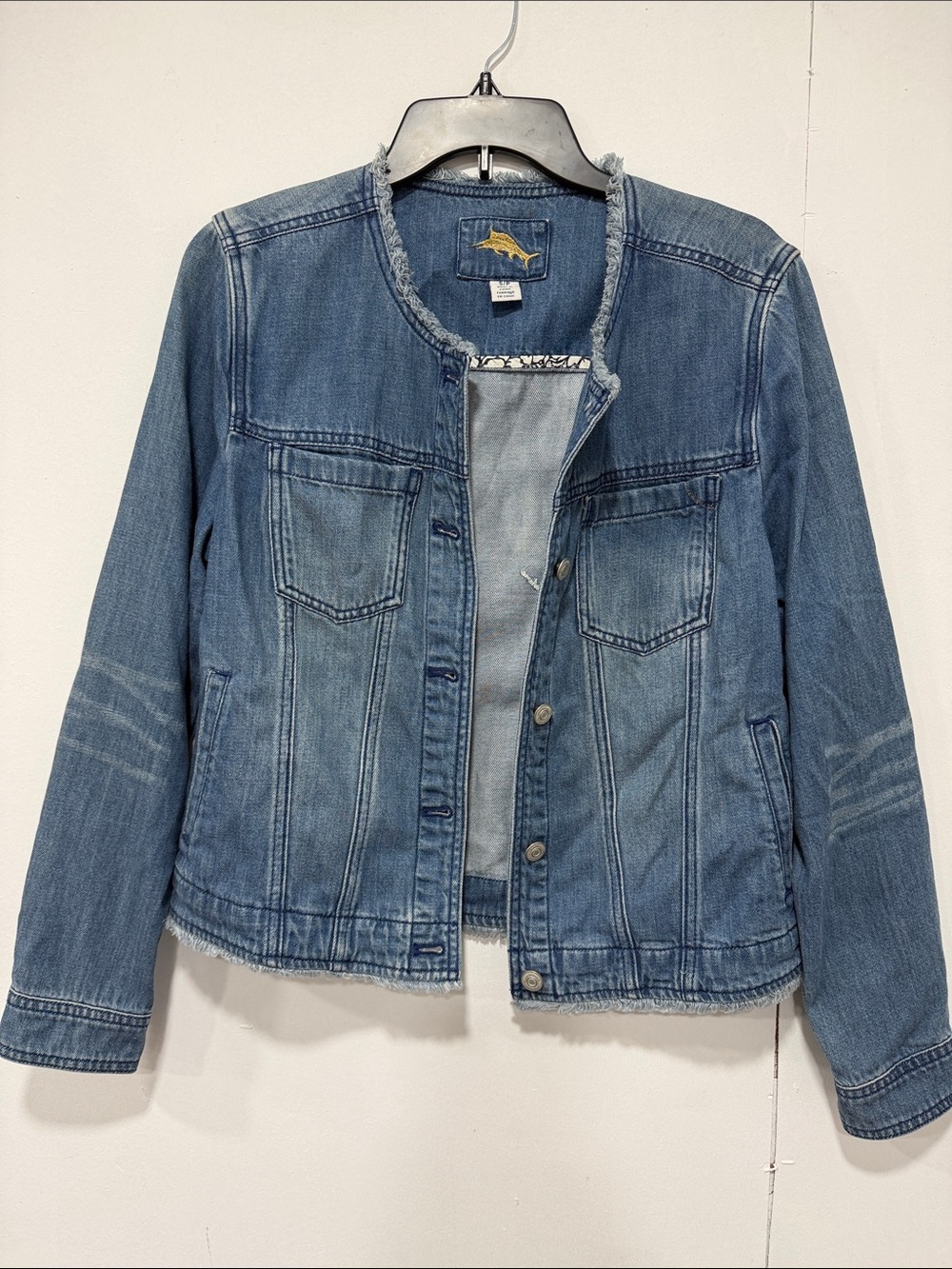 Tommy Bahama Frayed Collarless Denim Jean Jacket, SMALL - Picture 2 of 8